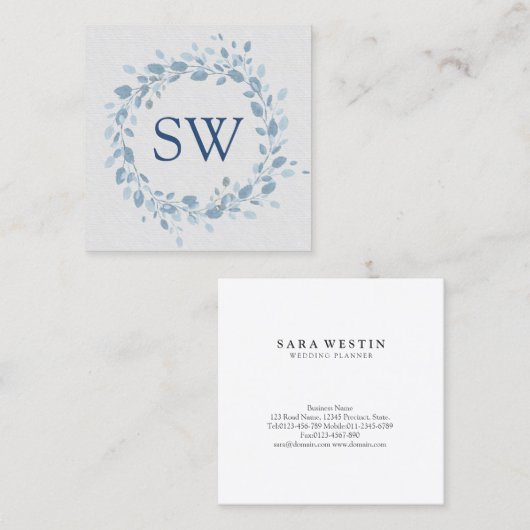 パステルブルー葉フローラモノグラムウェディングプランナー スクエア名刺 (正面/裏面)