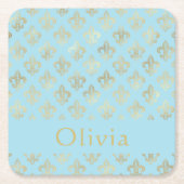パステルブルー金ゴールドパーソナライズされた（紋章の）フラ・ダ・リ スクエアペーパーコースター (正面)