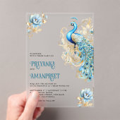 パステルブルー金ゴールドフローラインディアンピーコック結婚ズ アクリル招待状 (インサイチュ (ポータブル))