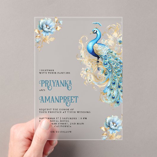 パステルブルー金ゴールドフローラインディアンピーコック結婚ズ アクリル招待状 (インサイチュ (ポータブル))
