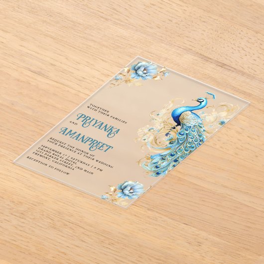 パステルブルー金ゴールドフローラインディアンピーコック結婚ズ アクリル招待状 (レイダウン)