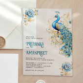 パステルブルー金ゴールドフローラインディアンピーコック結婚ズ アクリル招待状