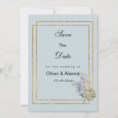 パステルブルー金ゴールドラベンダーピンクフローラザデイト 招待状 (正面)