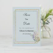 パステルブルー金ゴールドラベンダーピンクフローラザデイト 招待状 (スタンド正面)