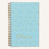 パステルブルー金ゴールド紙吹雪ドットパーソナライズされた行頭文字 ノートブック (正面)