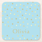 パステルブルー金ゴールド紙吹雪ドットパーソナライズされた スクエアペーパーコースター (正面)
