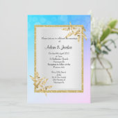 パステルブルー銀金ゴールドリーフエレガントな結婚式 招待状 (スタンド正面)