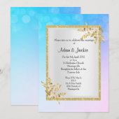 パステルブルー銀金ゴールドリーフエレガントな結婚式 招待状 (正面/裏面)