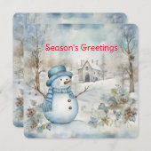 パステルブルー雪だるま&オールドチャーチウィンターシーン シーズンカード (正面/裏面)