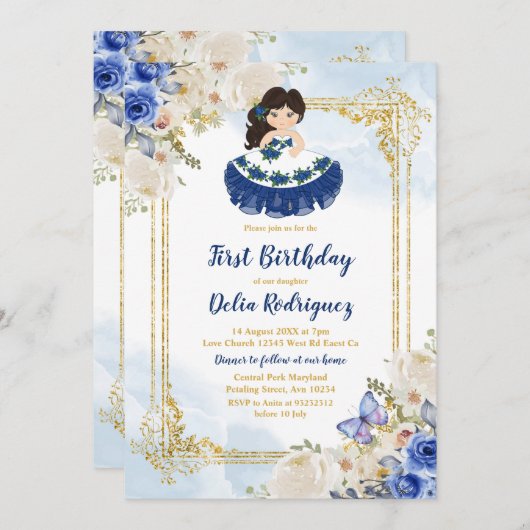 パステルブルー4ファースト誕生日メキシコガール 招待状 (正面/裏面)