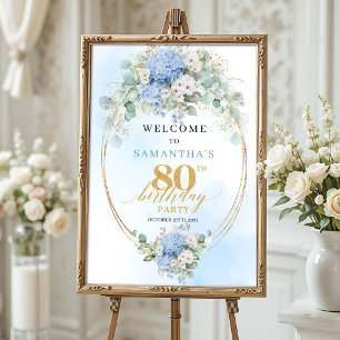 パステルブルー アジサイの花 80歳の誕生日ウェルカム ポスター