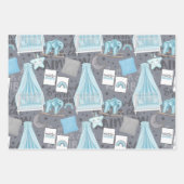 パステルブルー&グレーベビーアイテム花花おもちゃ ラッピングペーパーシート (正面3)