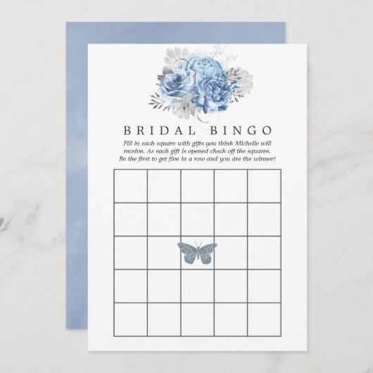 パステルブルー&シルバーヴィンテージバラブライダルシャワー 招待状 (正面/裏面)