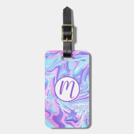 パステルブルー&パープルマーブルリキッドテクスチャ ラゲッジタグ (正面縦)