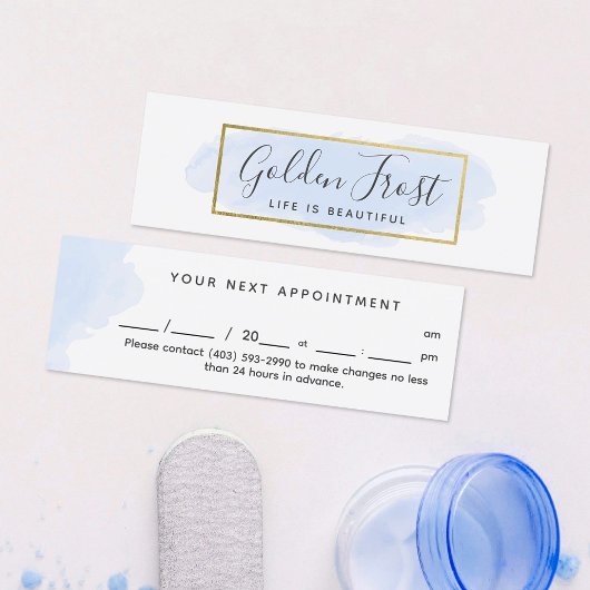 パステルブルー&金ゴールドウォーターカラーエレガントアポイントメント スキニー名刺