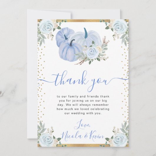 パステルブルー&金ゴールドフローラパンプキンス秋の結婚式 サンキューカード (正面)