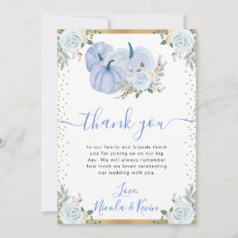 パステルブルー&金ゴールドフローラパンプキンス秋の結婚式 サンキューカード