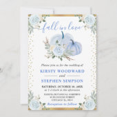 パステルブルー&金ゴールドフローラパンプキンス秋の結婚式 招待状 (正面)