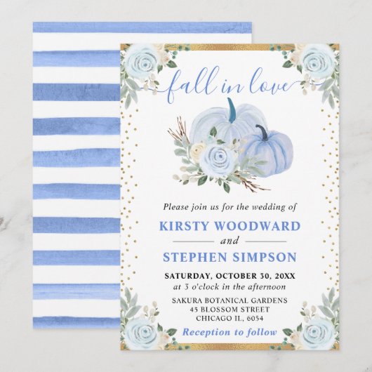 パステルブルー&金ゴールドフローラパンプキンス秋の結婚式 招待状 (正面/裏面)