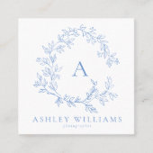 パステルブルーQRコードモノグラムフローラクレスト スクエア名刺 (正面)