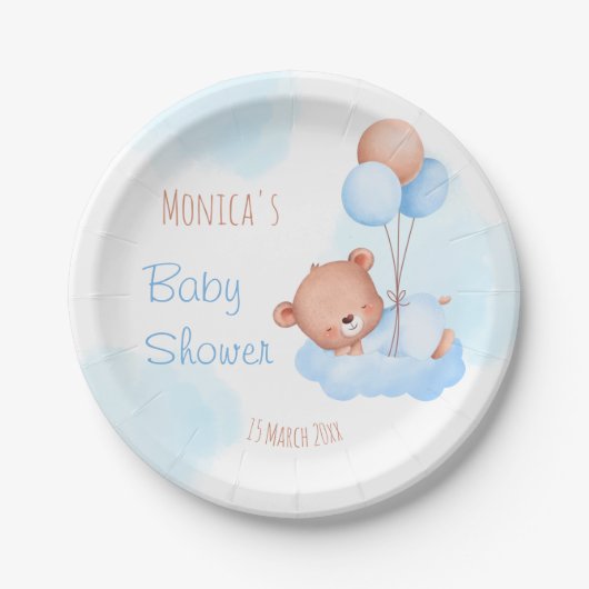 パステルブルーteddy bear water colorベビーシャワー ペーパープレート (正面)