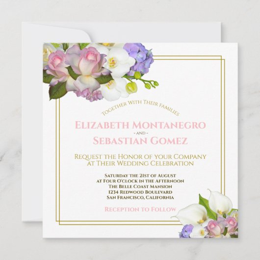 パステルブーケ春フローラスクエア結婚ズ 招待状 (正面)