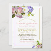 パステルブーケ春フローラ金ゴールドアンドピンク結婚ズ 招待状 (正面)