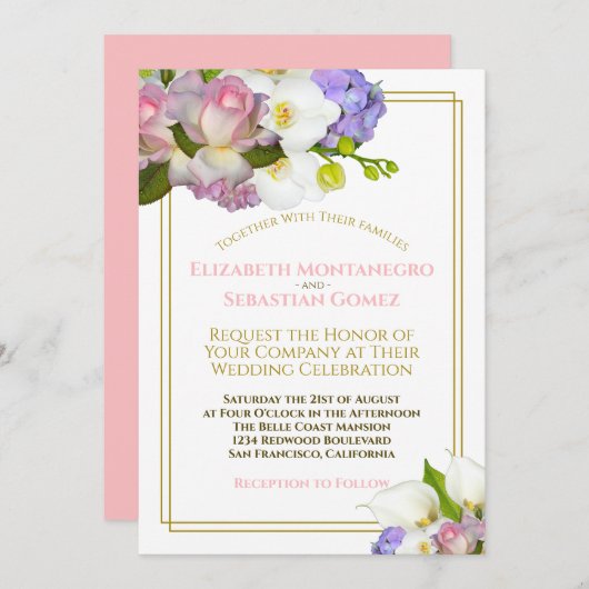 パステルブーケ春フローラ金ゴールドアンドピンク結婚ズ 招待状 (正面/裏面)