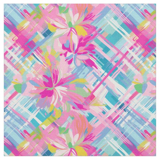 パステルプレイドの花 ファブリック (クローズアップ)