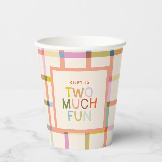 パステルプレイド「2つの多くのおもしろい」第2の誕生日カスタム日 紙コップ (正面)