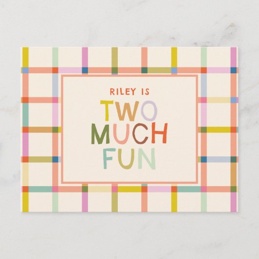 パステルプレイド「2つの多くのおもしろい」第2の誕生日 インビテーションポストカード (正面)