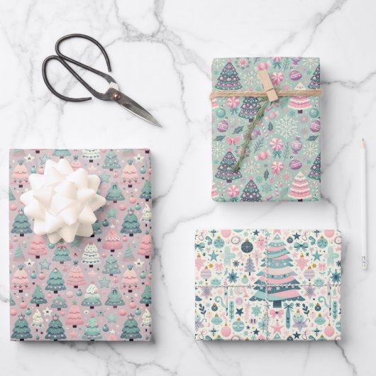 パステルプレティーンクリスマスツリーギフトラップ ラッピングペーパーシート (正面)