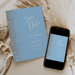 パステルベイビーブルーシルバーグリッターSave the Date 案内状