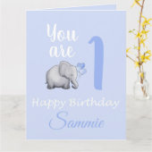 パステルベビーズキュートエレファント第1回誕生日ベルセ カード (黄色い花)