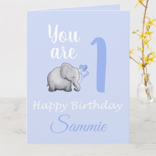 パステルベビーズキュートエレファント第1回誕生日ベルセ カード (黄色い花)