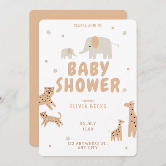 パステルベージュかわいい例証ベビーシャワー 招待状 (正面/裏面)