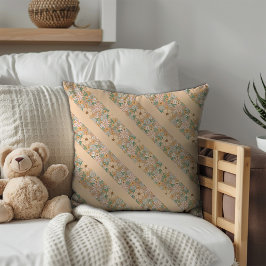 パステルベージュの花のパターン斜ストライプ方 クッション