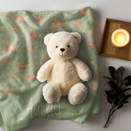 パステルベージュグリーンミントストライプフローラパターン名 フリースブランケット