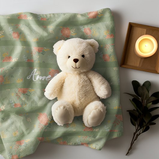 パステルベージュグリーンミントストライプフローラパターン名 フリースブランケット