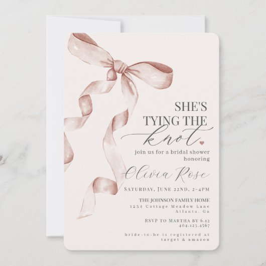 パステルベージュコケットボウブライダルシャワー招待状 (正面)