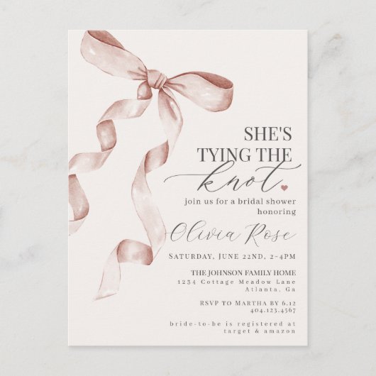 パステルベージュコケットボウブライダルシャワー招待状 ポストカード (正面)