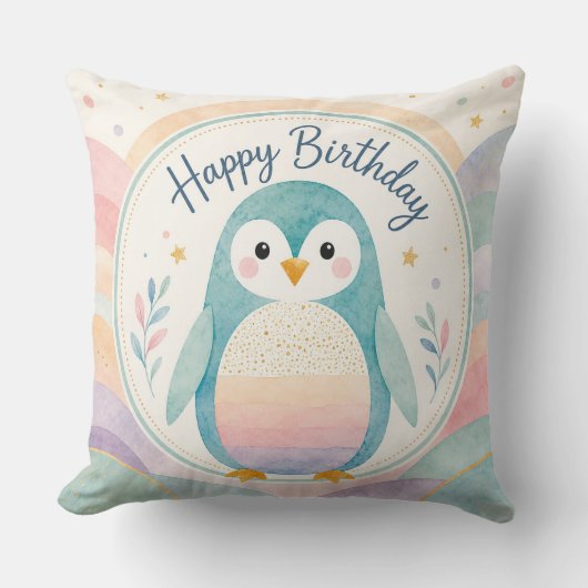 パステルペンギンのレインボーお誕生日お祝い クッション (正面)