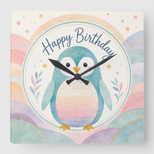 パステルペンギンのレインボーお誕生日お祝い スクエア壁時計 (正面)