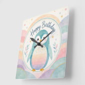 パステルペンギンのレインボーお誕生日お祝い スクエア壁時計 (傾斜)