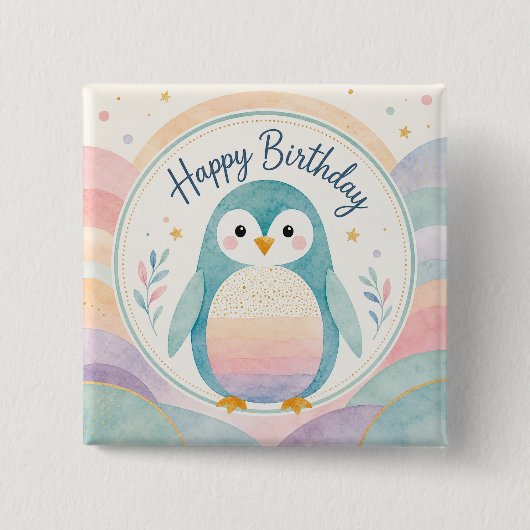 パステルペンギンのレインボーお誕生日お祝い 缶バッジ (正面)