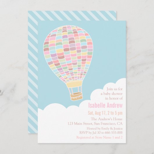 パステルホットエアバルーンベビーシャワー招待状 招待状 (正面/裏面)