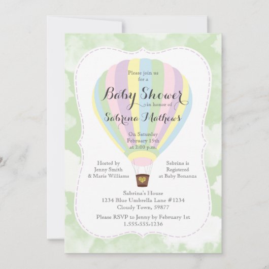 パステルホットエアバルーンベビー男女兼用シャワー 招待状 (正面)