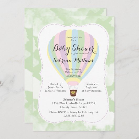 パステルホットエアバルーンベビー男女兼用シャワー 招待状 (正面/裏面)
