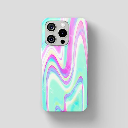 パステルホログラフィックスワールアクアピンクY2Kデザイン iPhoneケース