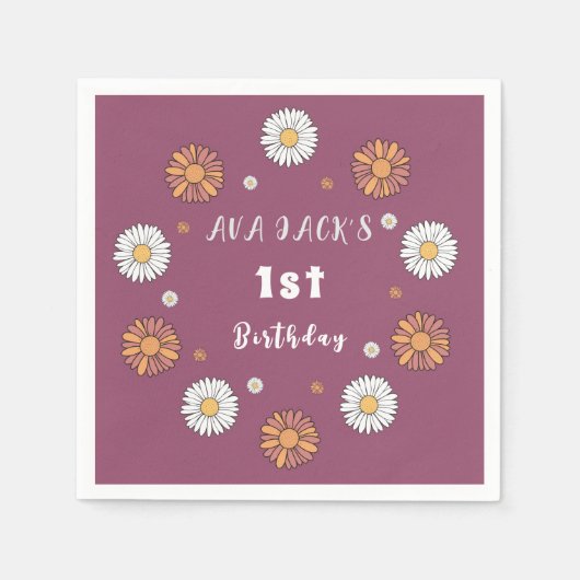 パステルホワイトとピンクのオレンジ色のデイジー花 スタンダードカクテルナプキン (正面)